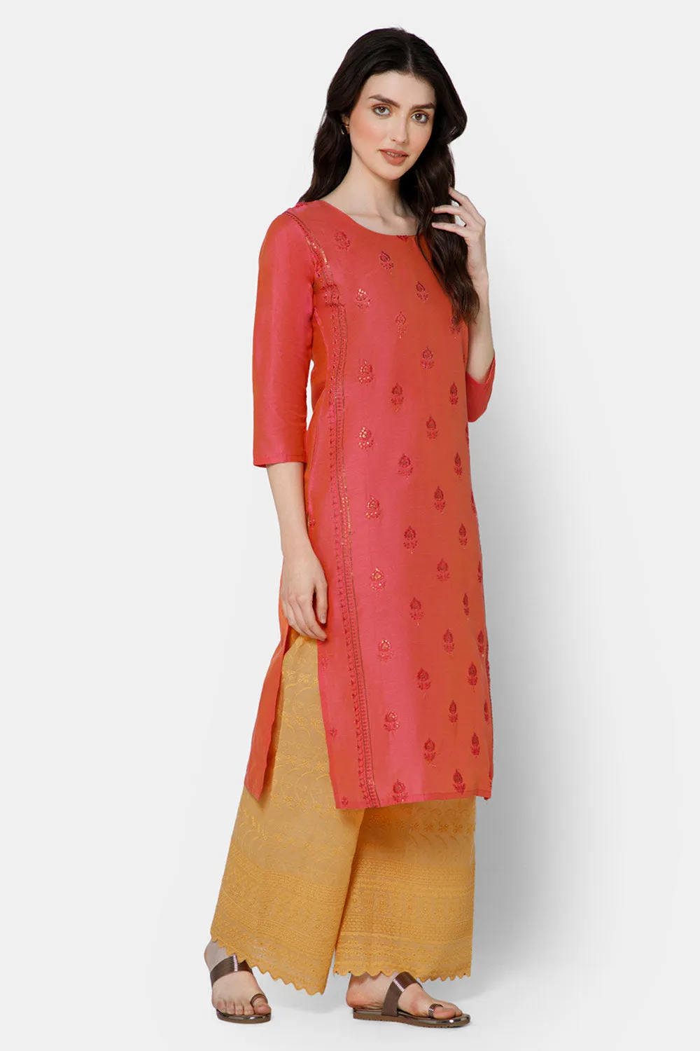 Mythri Women's Ethnic wear with Sequins Embroidery - Peach - E039