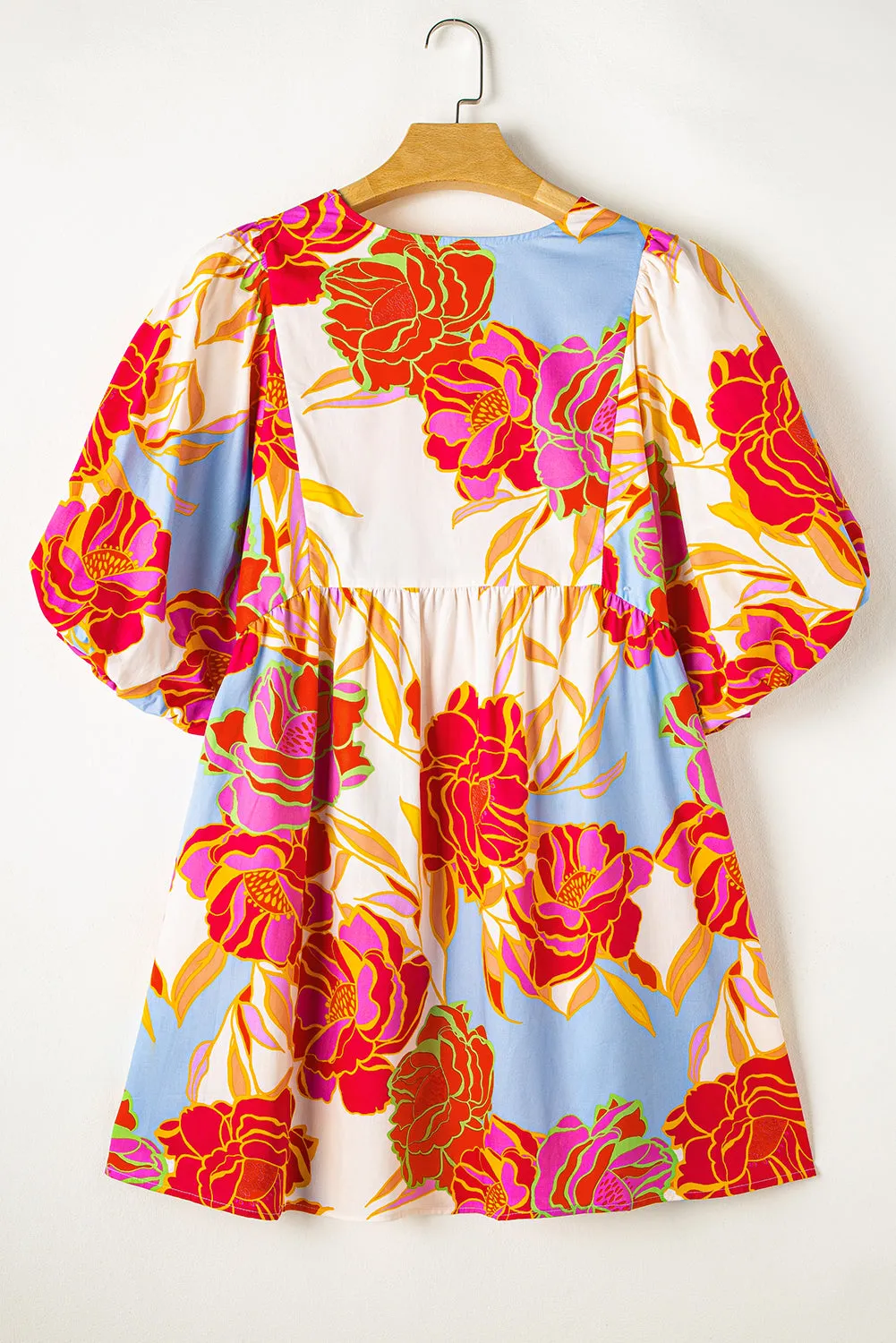 Rose Floral Print Split Neck Babydoll Dress