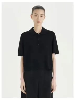 Women s silk boucle crop polo t shirt knit black domestic product
