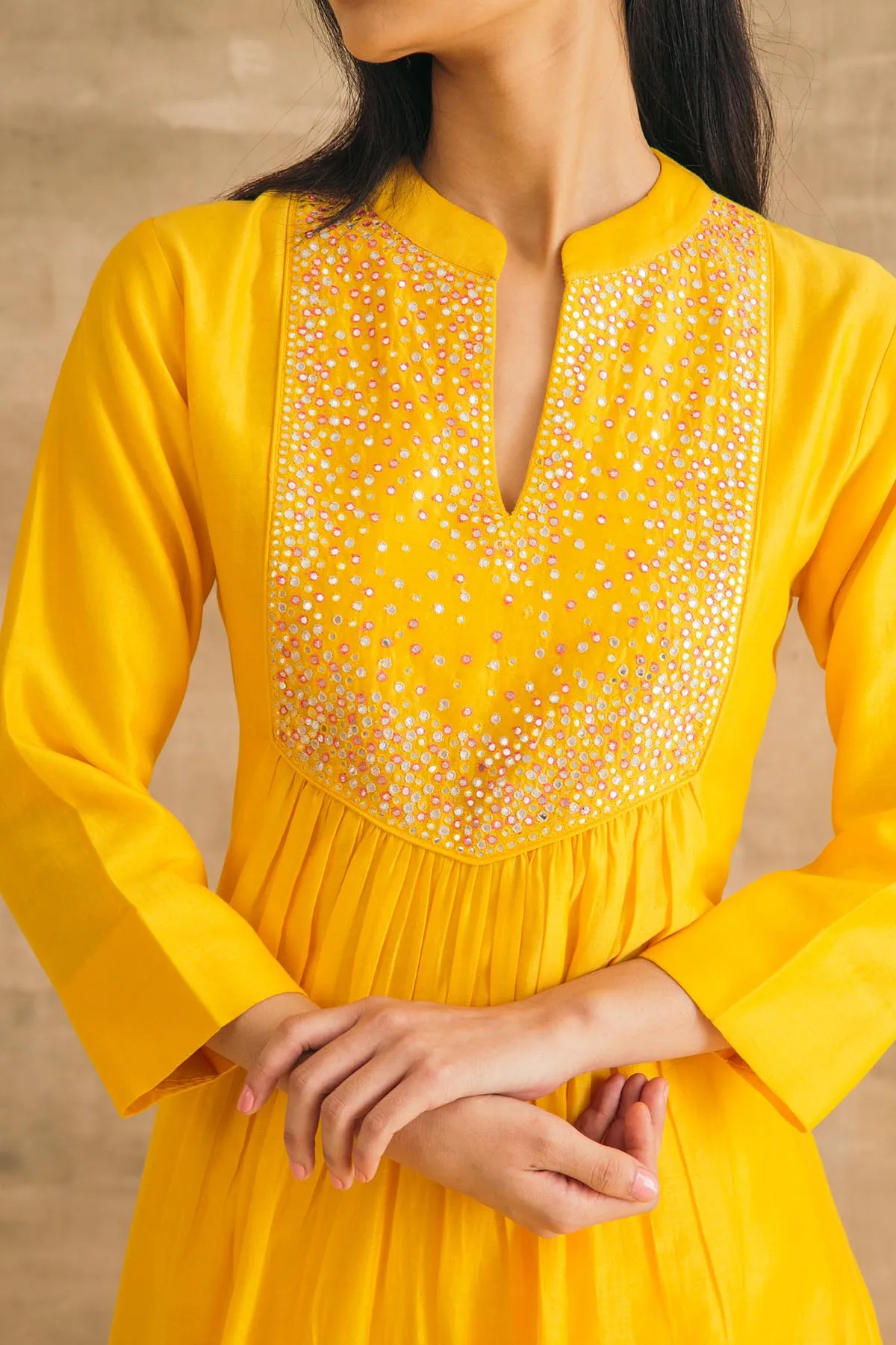Yellow Mirror Yoke Kurta Set
